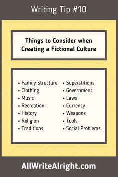 a poster with the words writing tip 10 things to consider when creating a fiction culture