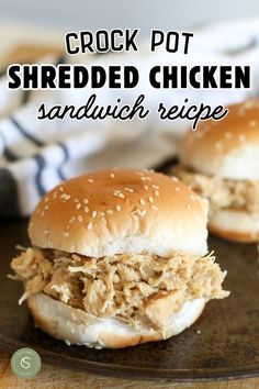 two sandwiches on a plate Crock Pot Shredded Chicken Sandwiches, Concession Stand Food Ideas Crock Pot, Stovetop Stuffing, Cleverly Simple, Shredded Chicken Sandwiches, Shredded Chicken Crockpot, Sandwich Cream, Chicken Sandwich Recipe, Hot Chicken Sandwiches