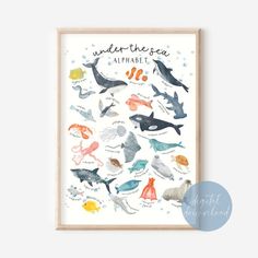 the under the sea alphabet poster is shown in front of a white background with an ocean theme