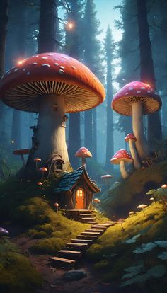 two mushroom houses in the woods with stairs leading up to them