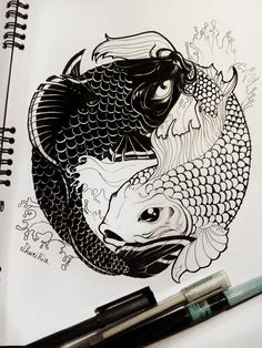 a drawing of two fish in the shape of a koi and another fish on top of each other