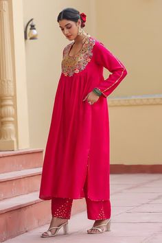 Pink anarkali with zardozi embroidered paisley patterned yoke. Comes with sequin embellished palazzo. - Aza Fashions Anarkali With Palazzo, Pink Anarkali, Pink Silk, Paisley Pattern, Mandarin Collar, Anarkali, Aza Fashion, Types Of Sleeves, Paisley