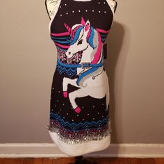 No Boundaries Ugly Sweater Dress With Unicorn On The Front,Silver Garland Along The Bottom And Fur Around The Bottom Of Dress. Ugly Dress, Ugly Clothes, Ugly Dresses, Silver Garland, Ugly Outfits, Pink Flower Dress, Skull Dress, Yellow Floral Dress, Black Sweater Dress