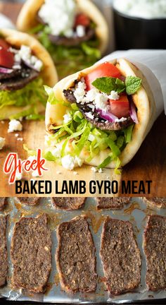 an image of baked lamb gyro meat with greek salad in the background and text overlay