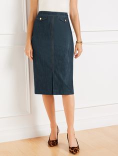 Sleek flap pockets at the front elevate this must-have midi skirt. In a soft, refined denim with expert tailoring for a modern, ultra-flattering fit. A fabulous addition to your work-ready closet. Features Midi Skirt Hits At Waist Mid Length Hidden back zip closure Button flap pockets Imported Fit: Misses: 27"; Petite: 24 1/2"; Plus: 27"; Plus Petite: 24 1/2" Material: 98% Cotton, 2% Spandex Care: Dry Clean | Refined Denim Midi Skirt Talbots Chic Denim Blue Workwear Skirt, Elegant Denim Blue Bottoms With Pockets, Chic Midi Denim Skirt For Workwear, Fitted Knee-length Denim Skirt With Pockets, Chic Denim Midi Skirt For Work, Chic Denim Blue Skirt With Pockets, Elegant Relaxed Pencil Skirt With Pockets, Fitted Elegant Denim Blue Bottoms, Chic Midi Denim Skirt With Pockets