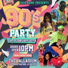 the 90's party flyer is shown with an image of people in colorful clothing