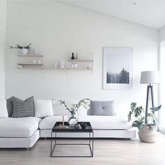 a living room filled with white furniture and lots of plants on top of the table