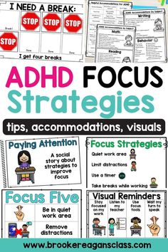 Tips, tricks, visuals and accommodations to help kids in school with ADHD. Social story about paying attention using strategies to improve focus. Visual reminders for children focus strategies for teaching tools to help behavior in the classroom. Teaching Focus And Attention, Oppositional Defiant Disorder Strategies For Teachers, Behavior Visuals For Classroom, Add In The Classroom, Behavior Interventions Strategies, School Bcba, Special Education Teacher Organization, Mtss Interventions