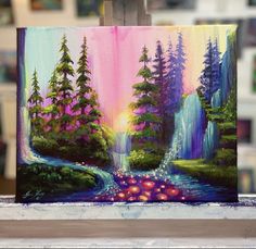 an acrylic painting of a waterfall in the woods