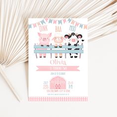 Celebrate your little girl turning two with this super cute Oink Baa Moo I'm Two invitation set! This unique design features hand-drawn illustrations of a barn, cow, pig, and sheep, perfect for a farmyard party. The set includes oink baa moo, I'm two 5x7 inch invite, thank you tag, and a smartphone-sized template for easy electronic sending. You can personalize, download and print this invitation template instantly with Corjl. (Corjl is a simple, easy to use free online software platform). You do the editing online using phone, tablet or computer! no need to download any software, fonts, or wait for proofs.  Get access to your invitation immediately and create your perfect invitation! FREE DEMO  Try before you buy!  (the demo invitation has a DEMO watermark) Copy and paste this URL into yo Farmyard Party, Phone Template, Kids Birthday Party Invitations, Birthday Invitations Kids, First Birthday Invitations, Thank You Tags, Farm Yard, Invitation Set