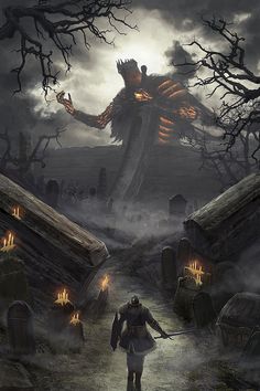 an image of a creepy man standing in the middle of a graveyard with candles lit