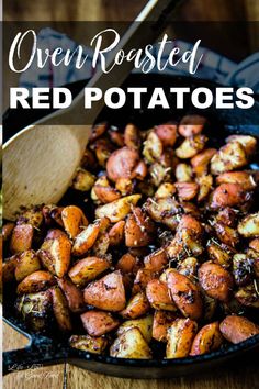 roasted red potatoes in a skillet with text overlay