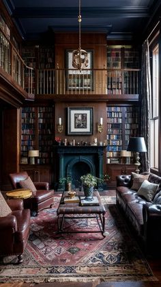 a living room filled with furniture and bookshelves next to a fire place in a library