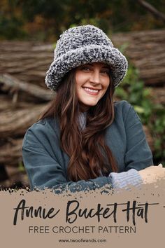 a woman wearing a knitted hat with text overlay that reads, annie bucket hat free crochet pattern