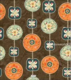 an orange, blue and green flowered design on a brown background with white flowers