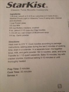 the instructions for stark - istt's classic tuna noodle casserole