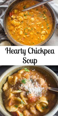 hearty chickpea soup in a bowl with pasta and parmesan cheese