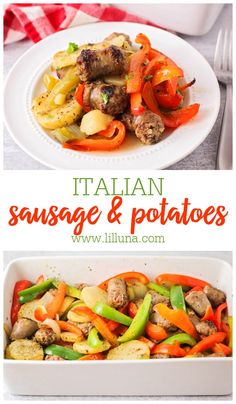 italian sausage and potatoes in a white casserole dish with red peppers, green peppers, and mushrooms