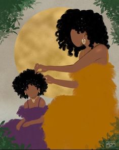 an illustration of a woman combing another woman's hair in front of a full moon