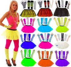 women's neon colored tutu skirts and tights are shown in multiple colors