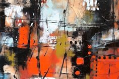 an abstract painting with orange and black colors