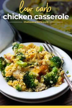 a white plate topped with chicken and broccoli next to a casserole dish