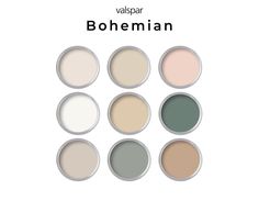 the different shades of paint in various colors, including white and green with text that reads valapr bohemian