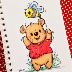 a drawing of a teddy bear with a bee on its head and arms above his head