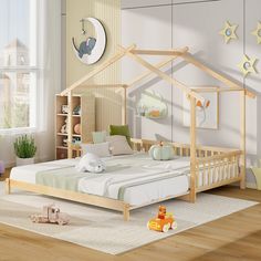 a child's bedroom with a wooden bed and toy animals on the rugs