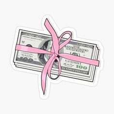 a pink ribbon tied around a one dollar bill sticker with the word, $ 100 on it