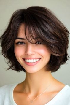 Save this pin for the best short layered haircuts for thick hair. Layers give this thick bob structure and lift, preventing it from looking heavy or flat. The addition of bangs makes the look feel youthful. Short Bob Hairstyles For Thick Hair Wavy, Wash And Wear Bob Hairstyles, Short Haircut For Flat Hair, Hair Ideas For Thick Heavy Hair, Super Thick Hair Hairstyles, Different Short Haircuts For Women, Bob For Thick Hair Round Face, Heavy Layers Short Hair, Volumous Bob