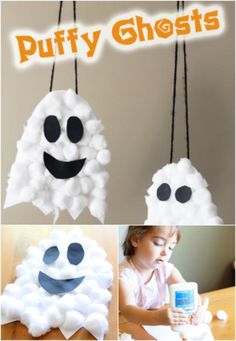 two paper ghost hanging from strings with the words puffy ghosts on them