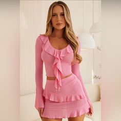 Fashion Nova 2 Piece Set . Flirty Ways Skirt Set Pink. Brand New Sold Out Pink Skirt Set, Fashion Nova Dress, Pink Skirt, Pink Outfit, Long Sleeve Mini, Pink Fashion, Bell Sleeve, New Shop, Skirt Fashion