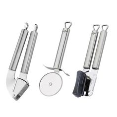 three different types of kitchen utensils on a white background