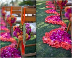 the aisle is decorated with flowers and greenery for an outdoor wedding or special event