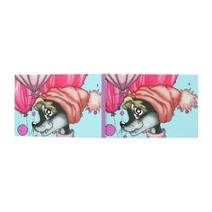 two pictures of an elephant with pink hair and a red scarf on it's head