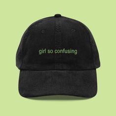 Introducing our Girl So Confusing Cap, the must-have accessory for those who can't get enough of brat. Crafted from 100% cotton corduroy, this cap offers a perfect blend of style, comfort, and individuality. 🧢 Embrace Your Inner Brat Show off your devotion to brat with our Girl So Confusing Cap. The text Girl so confusing is beautifully embroidered on the front, capturing the album's playful and enigmatic spirit. High-quality embroidery ensures the design remains vibrant and durable. 🌟 Materia Trendy Cotton Flat Cap Trucker Hat, Trendy Cotton Snapback Hat With Short Brim, Trendy Corduroy Snapback Baseball Cap, Trendy Cotton Dad Hat With Short Brim, Trendy Corduroy Cap, Trendy Corduroy Hat, Trendy Corduroy Snapback Hat, Trendy Corduroy Snapback Dad Hat, Trendy Corduroy Hat With Curved Brim