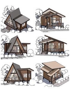 four different views of a small cabin style home