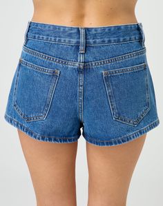 These mini denim shorts feature a mid rise fit, pockets and belt loops. Mid-rise Denim Blue Jean Shorts With Belt Loops, Cutoff Denim Blue Shorts With Belt Loops, Denim Blue Cutoff Shorts With Belt Loops, Trendy Denim Blue Jean Shorts With Belt Loops, Trendy Mid-rise Jean Shorts With Belt Loops, Denim Blue Short Length Jeans With Belt Loops, Trendy Denim Blue Shorts With Belt Loops, Trendy Denim Shorts With Belt Loops, Mid-rise Medium Wash Jean Shorts With Belt Loops