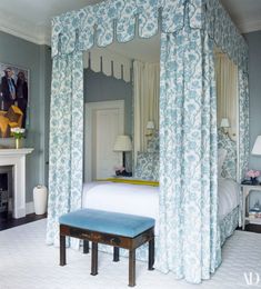 a canopy bed in a bedroom with blue and white wallpaper