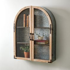 an arched wooden cabinet with glass doors and shelves on the wall next to a potted plant