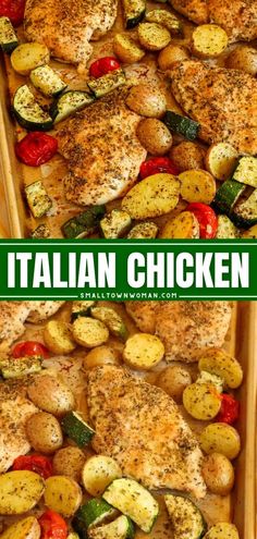 two trays filled with chicken and veggies next to the words italian chicken