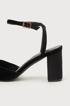 Add a touch of sophistication and class to any 'fit with the Lulus Izzori Black Velvet Square Toe Ankle Strap Heels! Soft, plush velvet shapes these chic heels that feature a square-toe upper and a low-cut collar. Slender straps sprout from the sides and secures around the ankle with a shiny gold buckle, all atop a sturdy block heel. 3" wrapped block heel. Cushioned insole. Felted rubber sole has nonskid markings. Man made materials. Imported. Lulus | Izzori Black Velvet Square Toe Ankle Strap H Suede Wrapped Heel Block Heels For Party, Suede Block Heels With Wrapped Heel For Party, Party Suede Block Heels With Wrapped Heel, Evening Block Heels With Wrapped Heel, Elegant Pointed Toe Block Heels For Night Out, Suede Block Heels With Padded Heel For Party, Elegant Ankle Strap Block Heels With Sculpted Heel, Elegant Block Heels With Sculpted Heel And Ankle Strap, Glamorous Heels With Ankle Strap And Deep Heel Cup