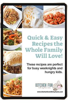 an advertisement for the kitchen fun cookbook with pictures of different food items on it