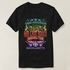 Celebrate your bachelorette party with these cool t-shirts that feature your very own band. Made to look like a rock / concert logo from the 70s, these unique shirts include a tree, roses, regal lions, a crown, fish, wings, guitars, and an anchor in neon colors. All text can be easily changed through the templates, except "Her Last Rodeo" and "Farewell Tour." You can also customize further to adjust text sizes and fonts. Contact HaHaHolidays for help or more detailed custom changes. Concert Advertisement, 70s Concert, Retro Band, Logo Neon, Family Reunion Shirts, Like A Rock, Family Shirts Matching, Unique Shirt, Retro 70s