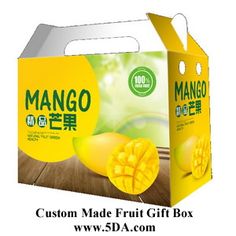 mango fruit gift box on wooden table with white lid and yellow package in the background