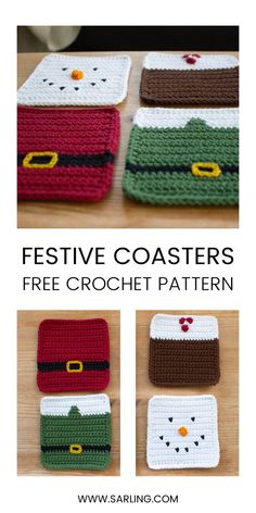 four crocheted coasters with the text festive coasters free crochet pattern