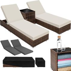 wicker outdoor furniture with cushions and bottles