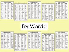 the word fry words is shown in black and white on a yellow background with an image of