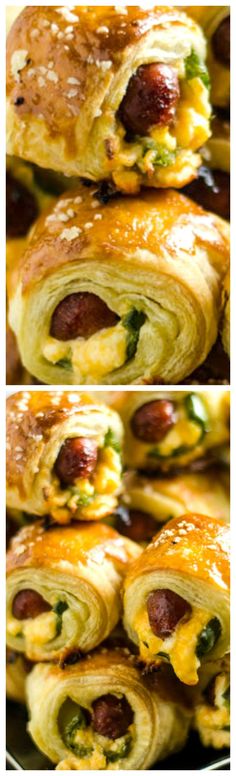 several different pictures of food that are in the shape of roll up sandwiches with cheese and sausage on them